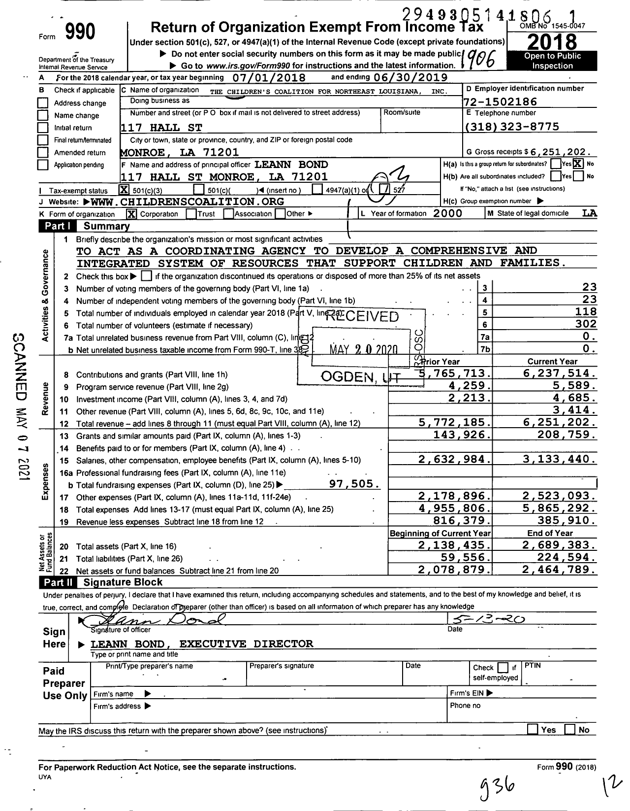 Image of first page of 2018 Form 990 for Childrens Coalition for Northeast Louisiana