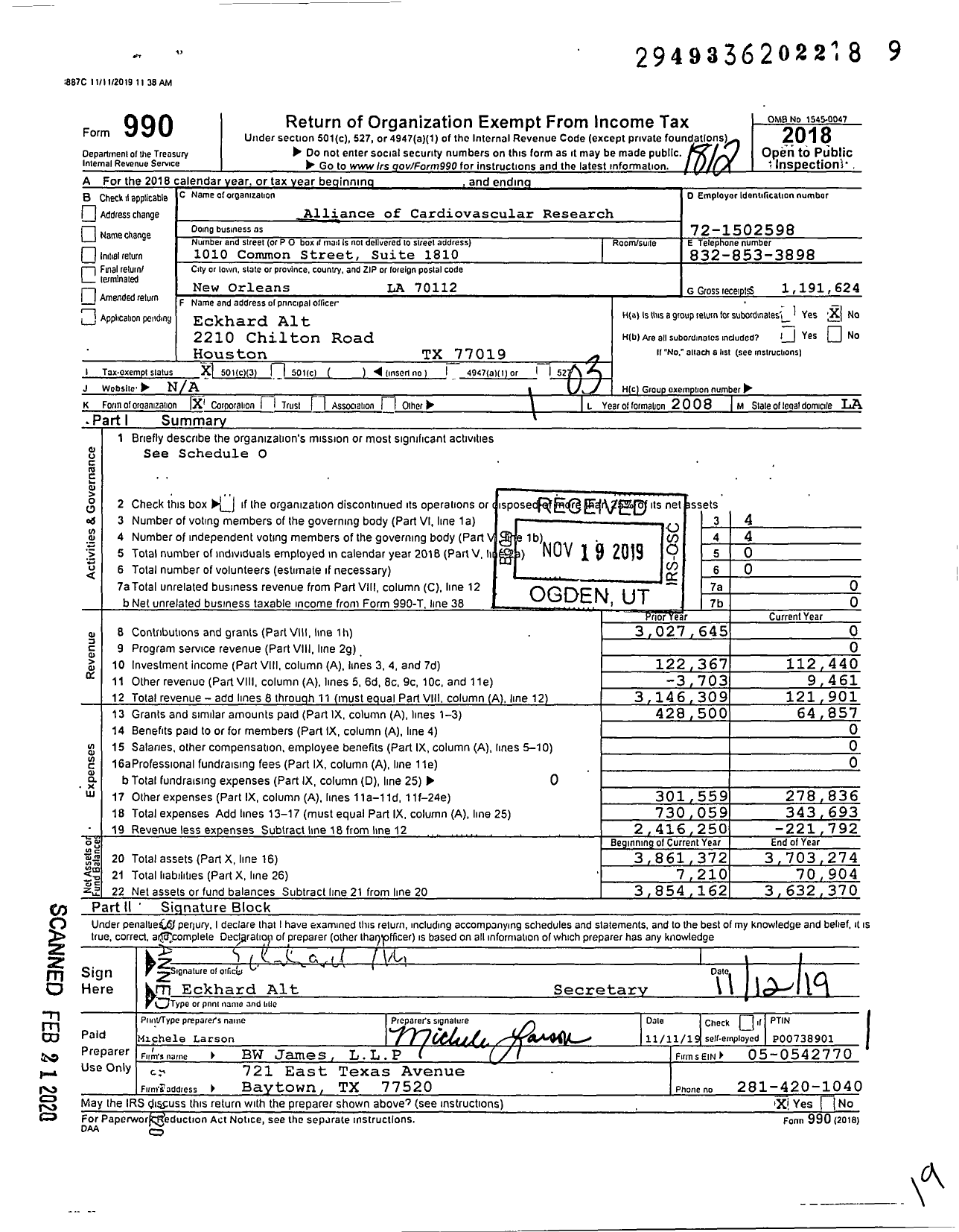 Image of first page of 2018 Form 990 for Alliance of Cardiovascular Researchers