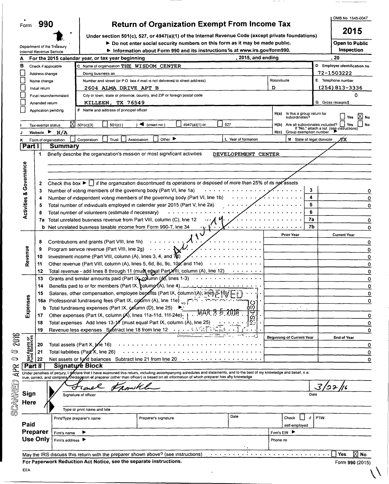 Image of first page of 2015 Form 990 for Wisdom Center