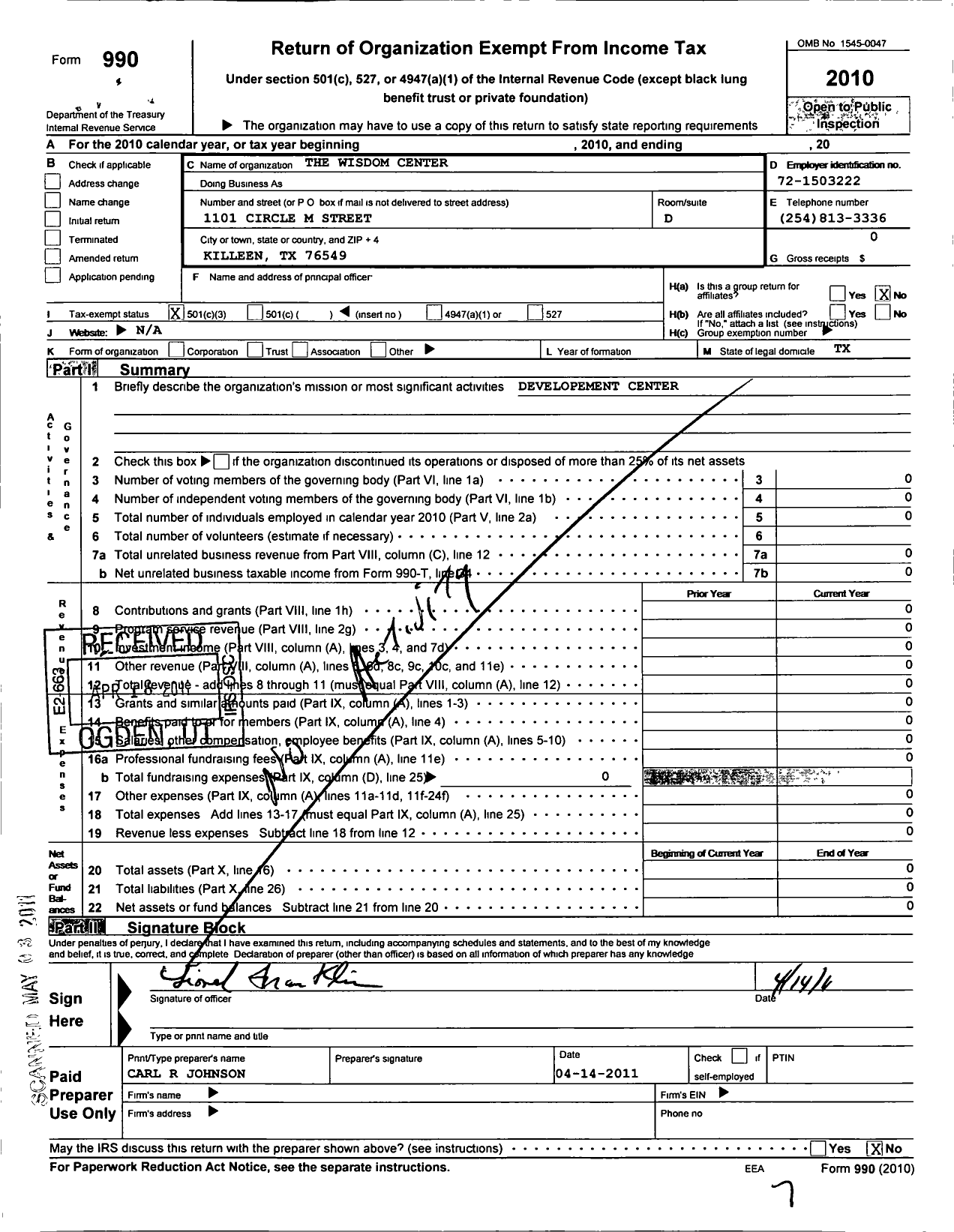 Image of first page of 2010 Form 990 for Wisdom Center