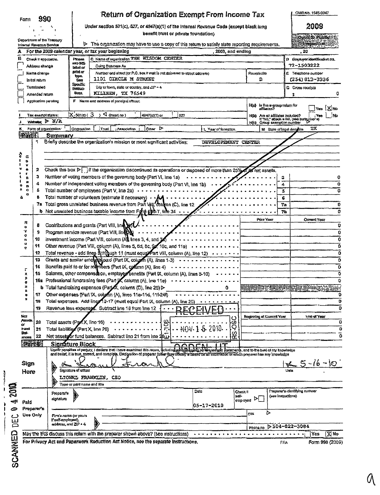 Image of first page of 2009 Form 990 for Wisdom Center