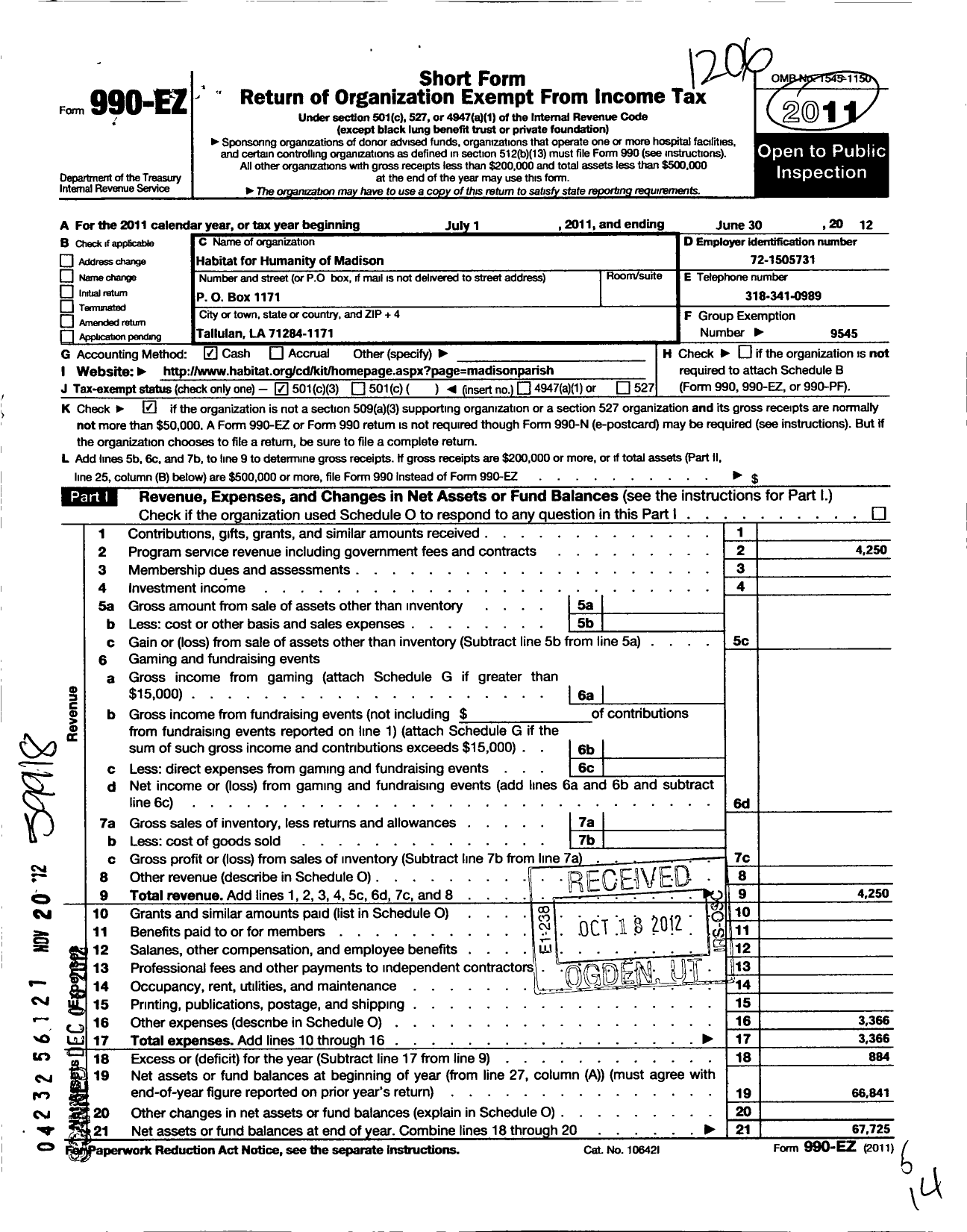 Image of first page of 2011 Form 990EZ for Habitat for Humanity - Madison Parish HFH of