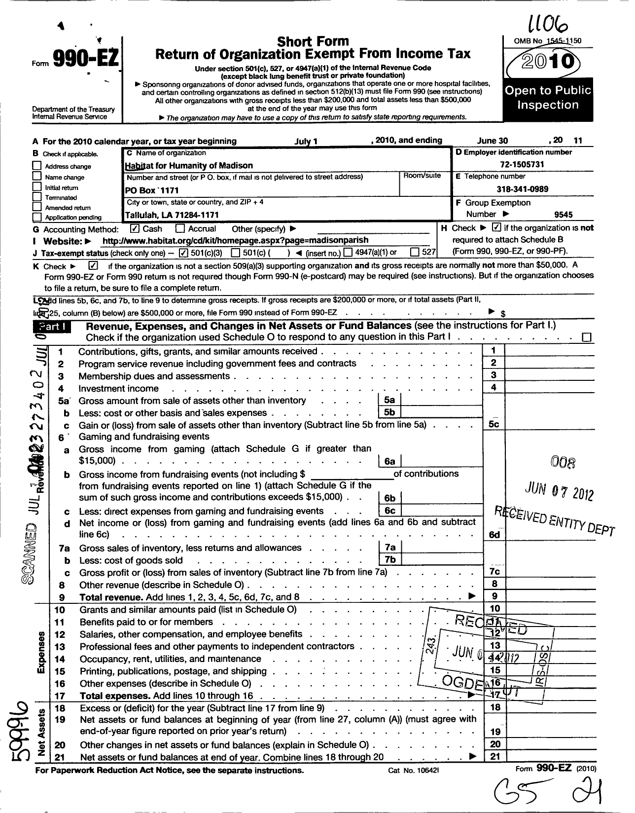 Image of first page of 2010 Form 990EZ for Habitat for Humanity - Madison Parish HFH of
