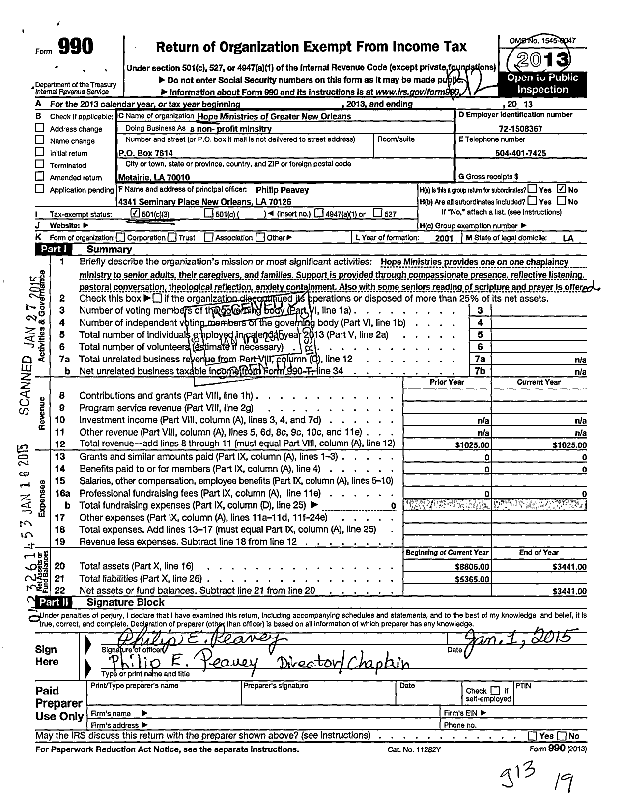 Image of first page of 2013 Form 990 for Hope Ministries of Greater New Orleans