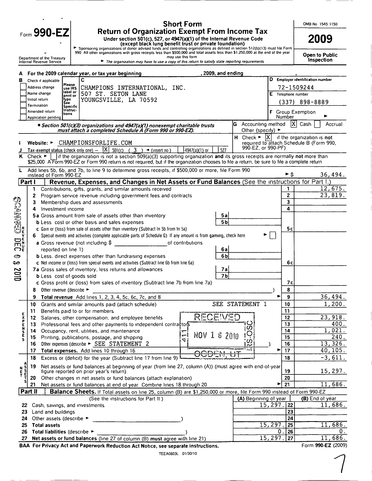 Image of first page of 2009 Form 990EZ for Champions International