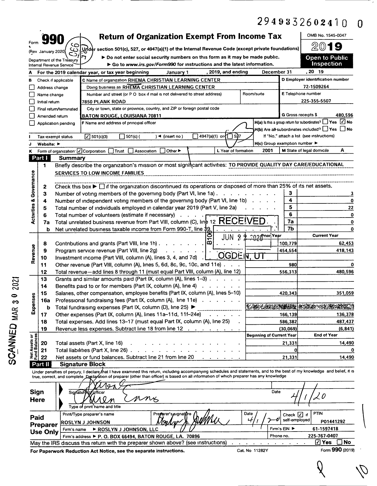 Image of first page of 2019 Form 990 for Rhema Christian Learning Center