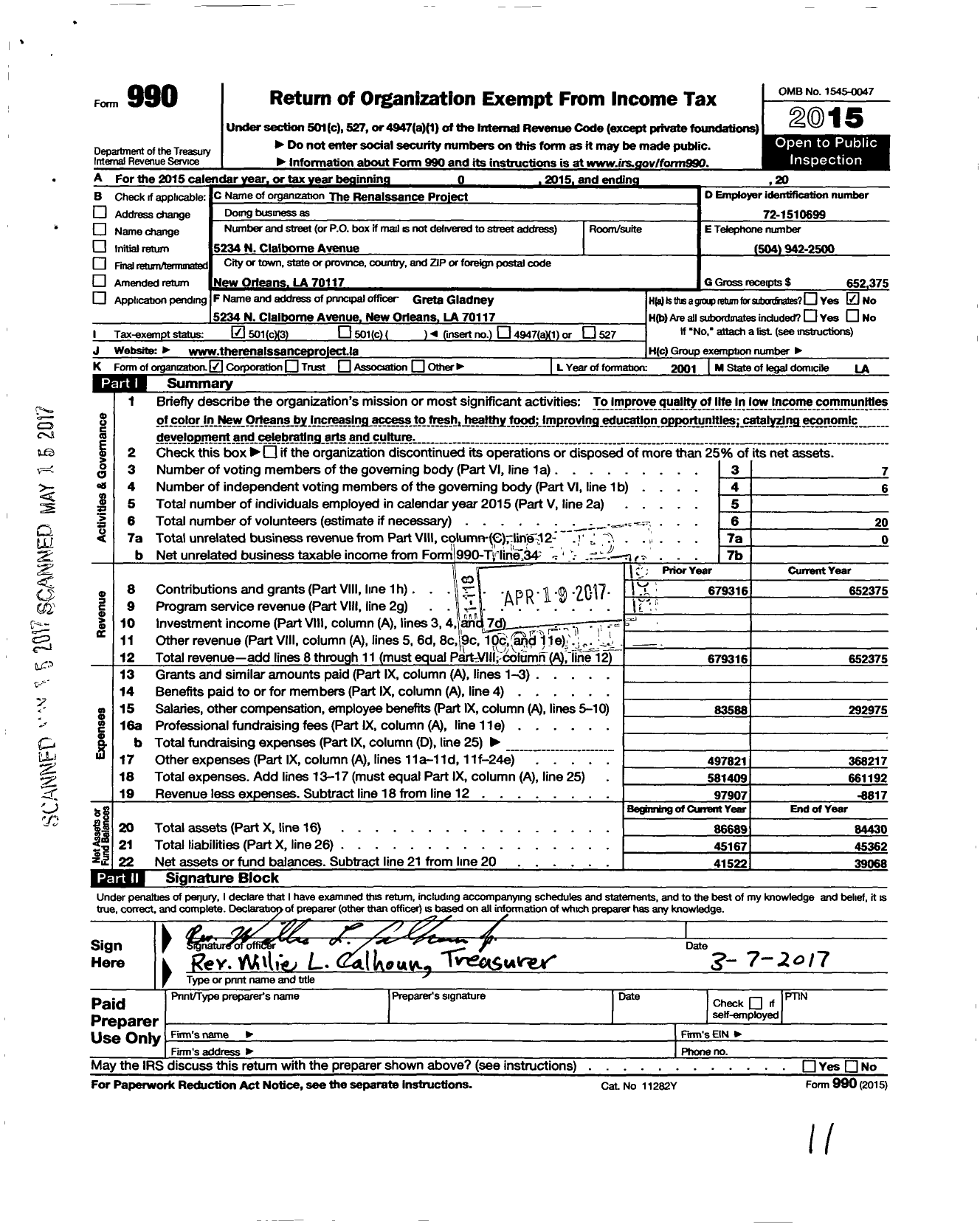 Image of first page of 2015 Form 990 for The Renaissance Project