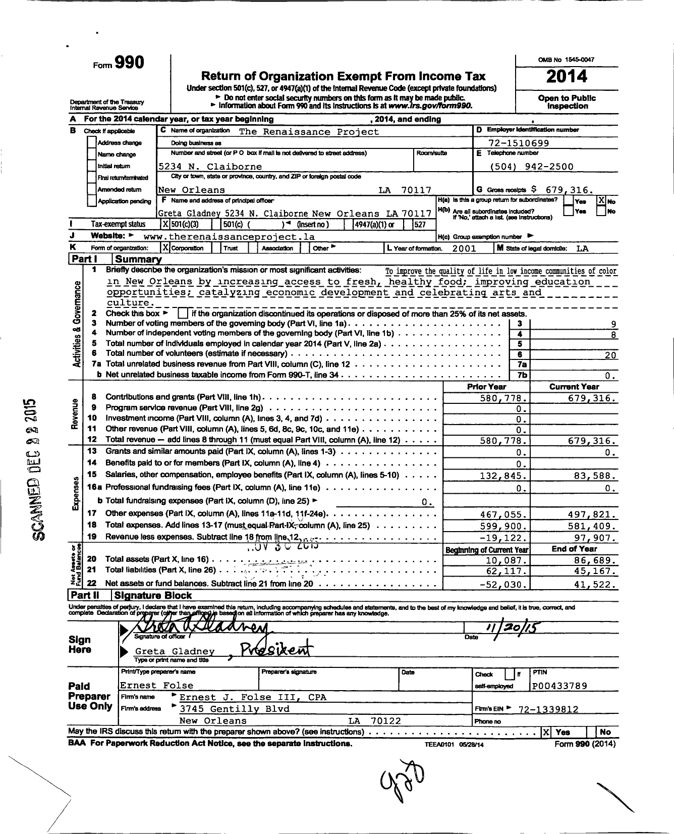 Image of first page of 2014 Form 990 for The Renaissance Project