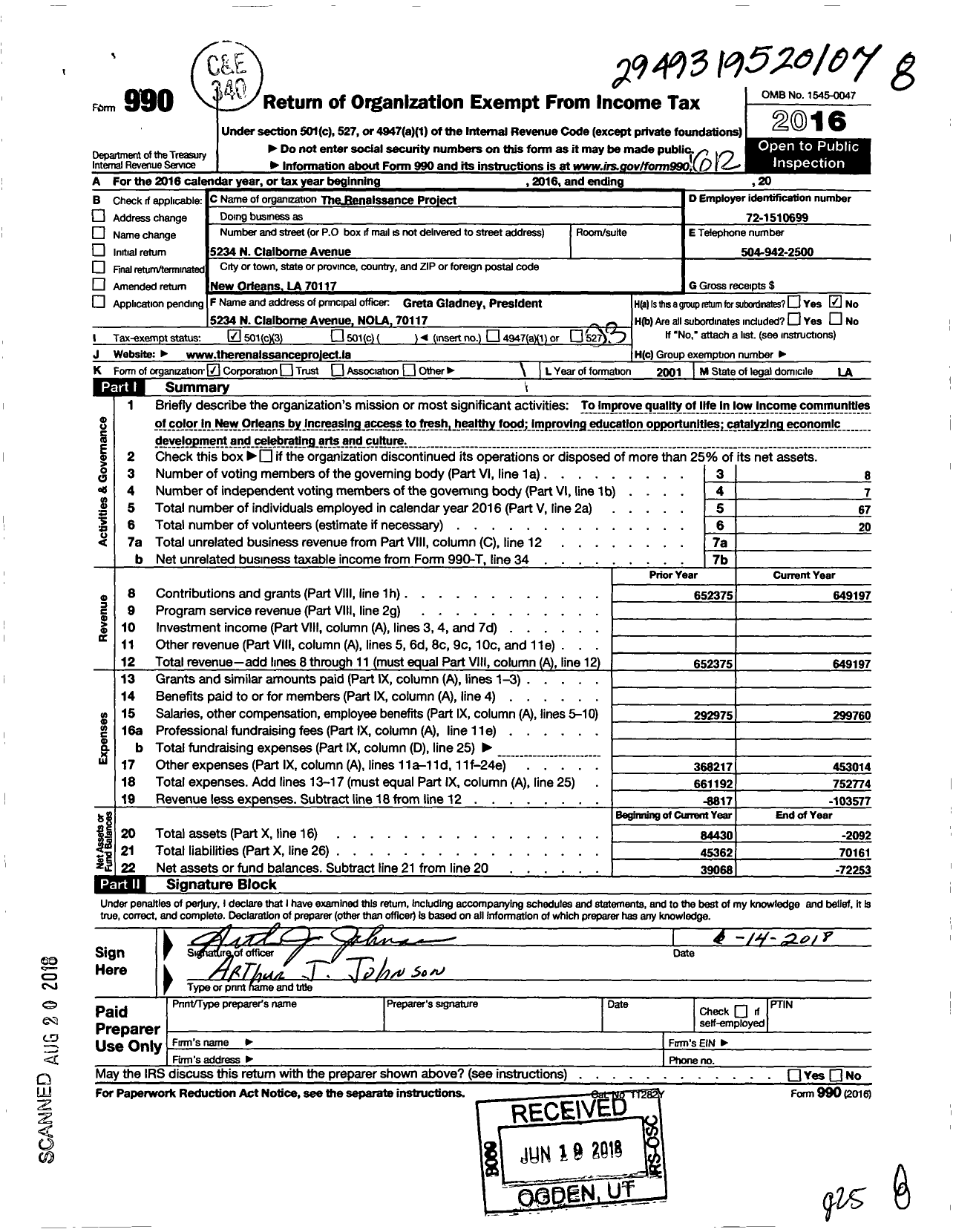 Image of first page of 2016 Form 990 for The Renaissance Project