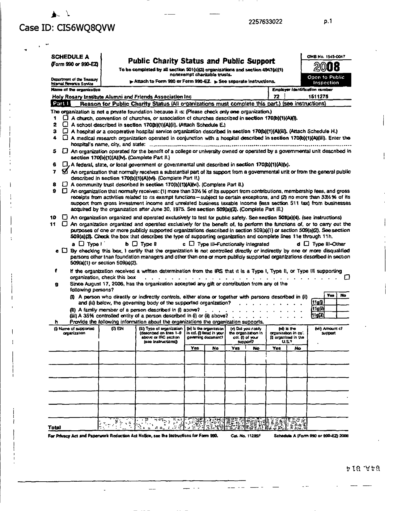Image of first page of 2008 Form 990ER for Holy Rosary Institute Alumni and Friends Association