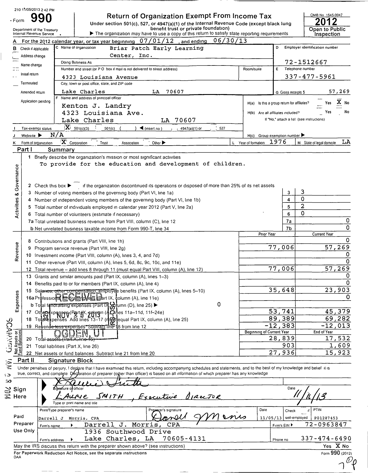 Image of first page of 2012 Form 990 for Briar Patch Early Learning Center