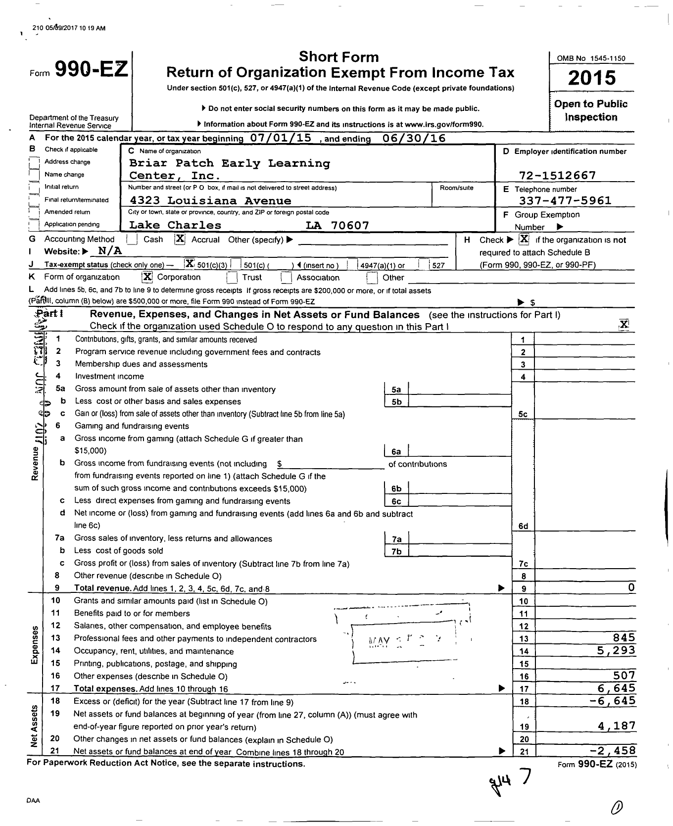 Image of first page of 2015 Form 990EZ for Briar Patch Early Learning Center