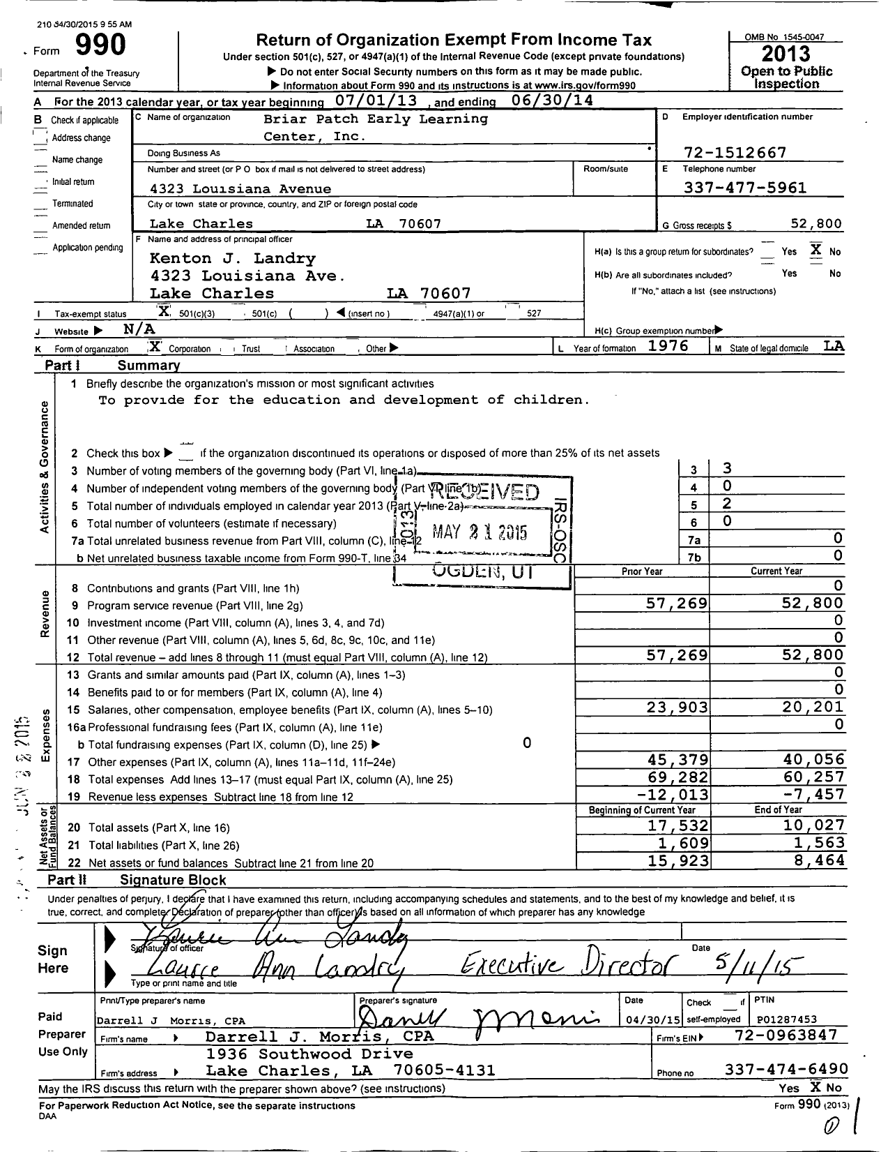 Image of first page of 2013 Form 990 for Briar Patch Early Learning Center