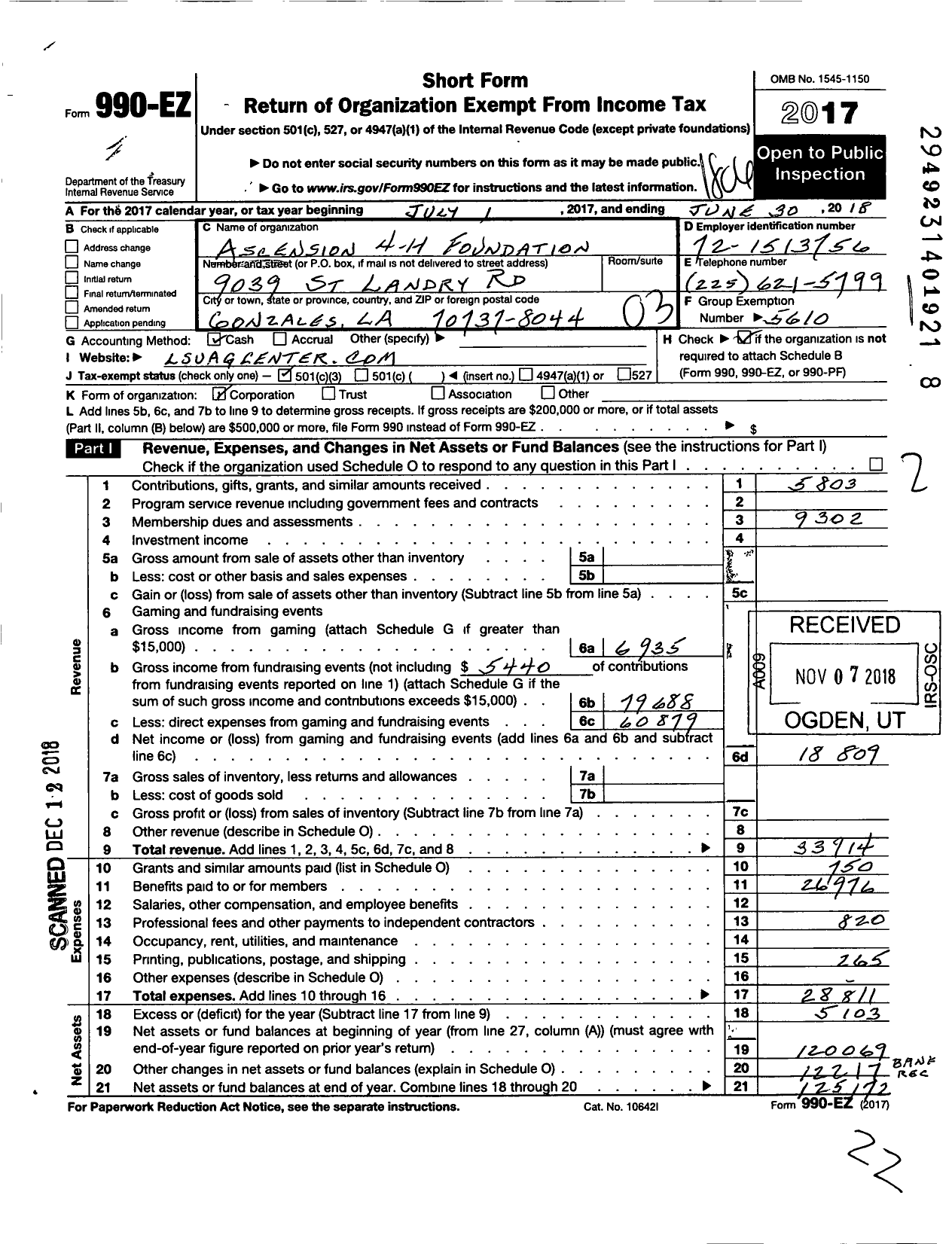 Image of first page of 2017 Form 990EZ for Ascension 4-H Foundation
