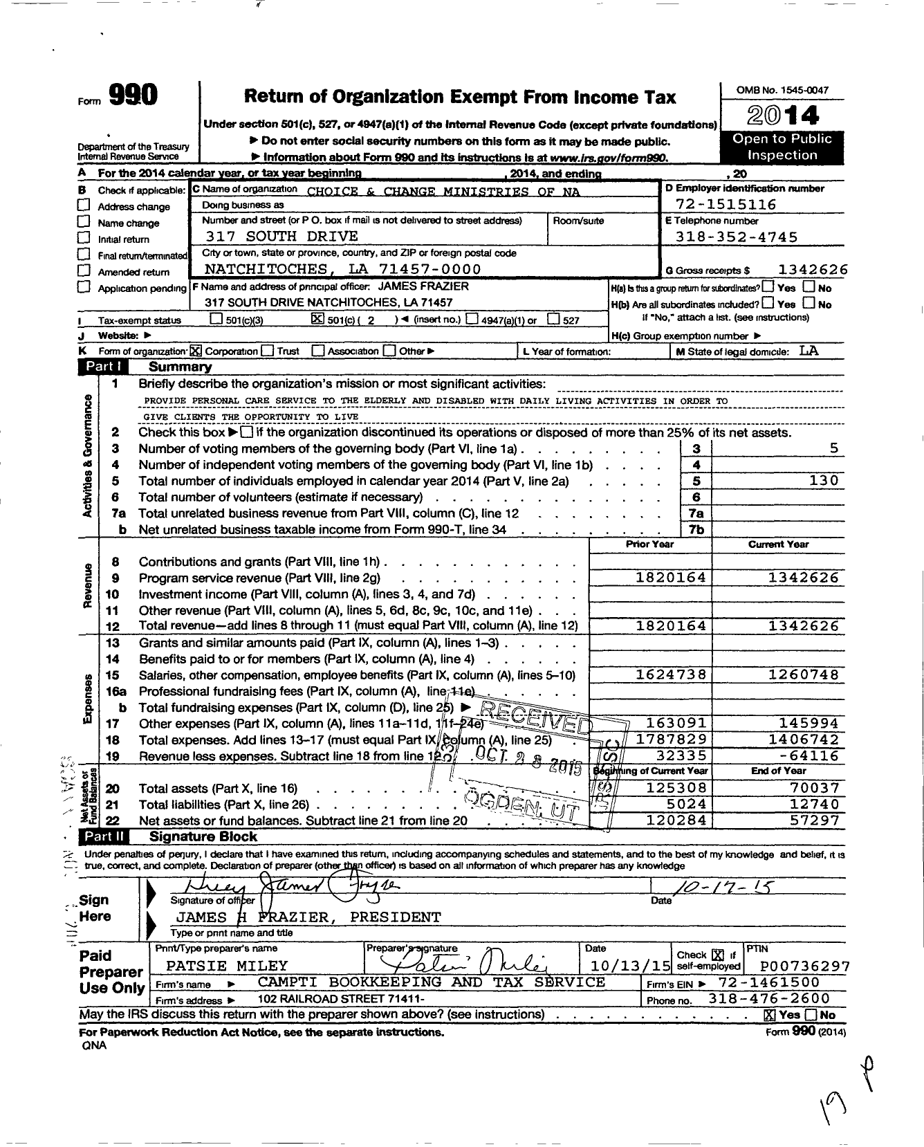 Image of first page of 2014 Form 990O for Choice and Change Ministries