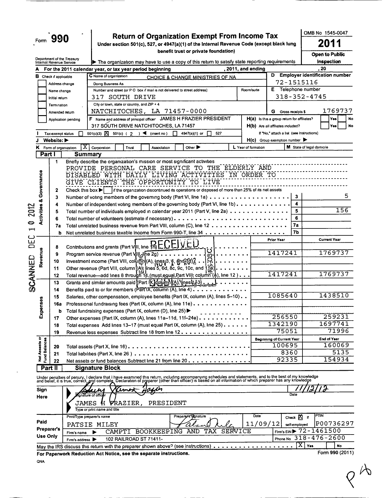 Image of first page of 2011 Form 990O for Choice and Change Ministries