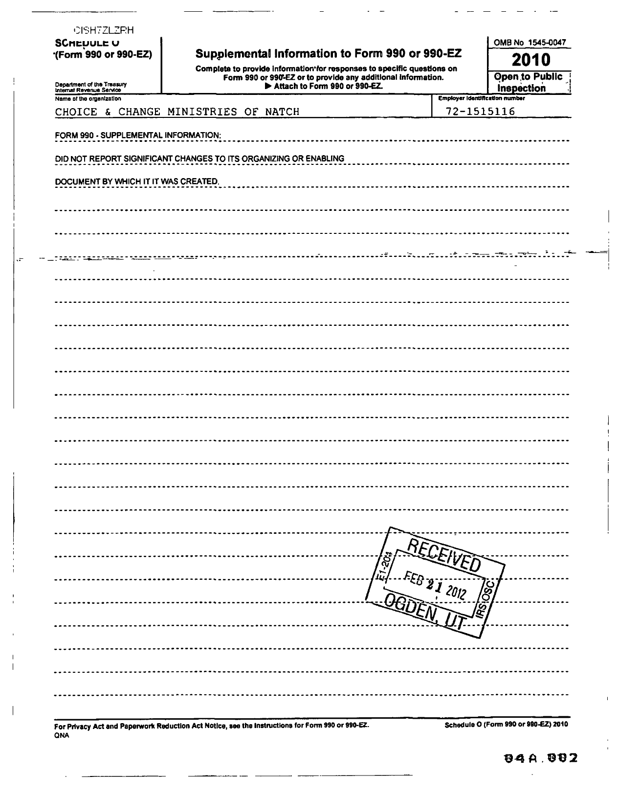 Image of first page of 2010 Form 990R for Choice and Change Ministries