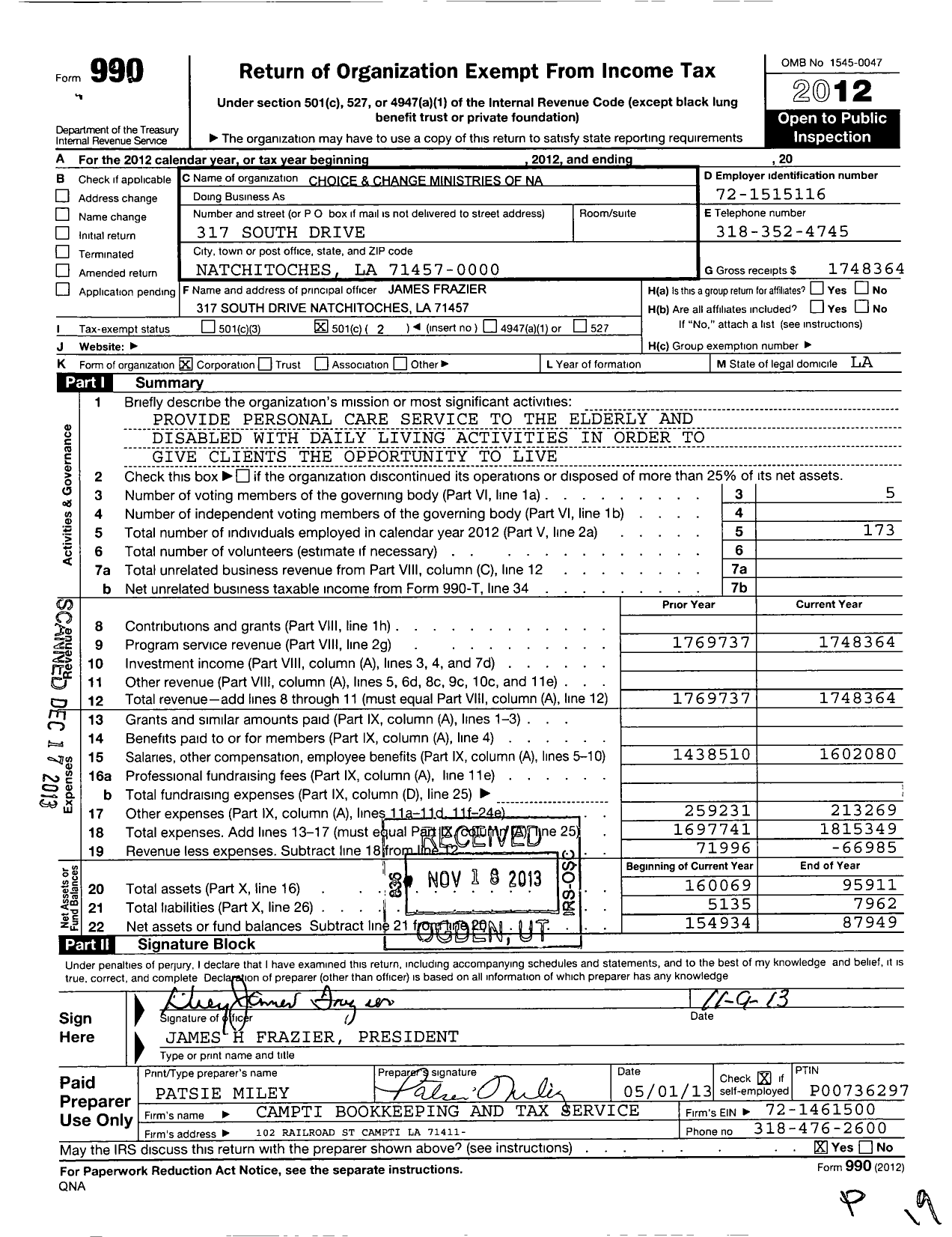 Image of first page of 2012 Form 990O for Choice and Change Ministries