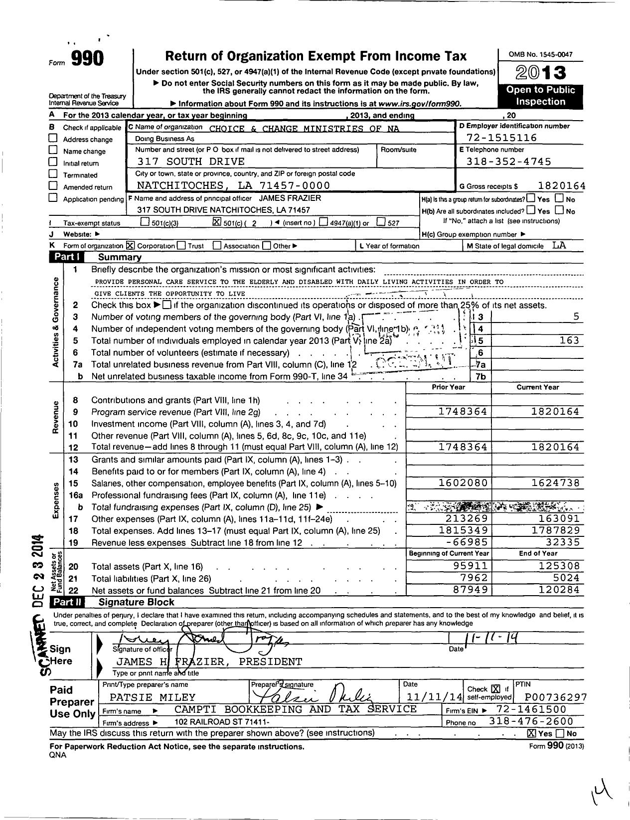 Image of first page of 2013 Form 990O for Choice and Change Ministries