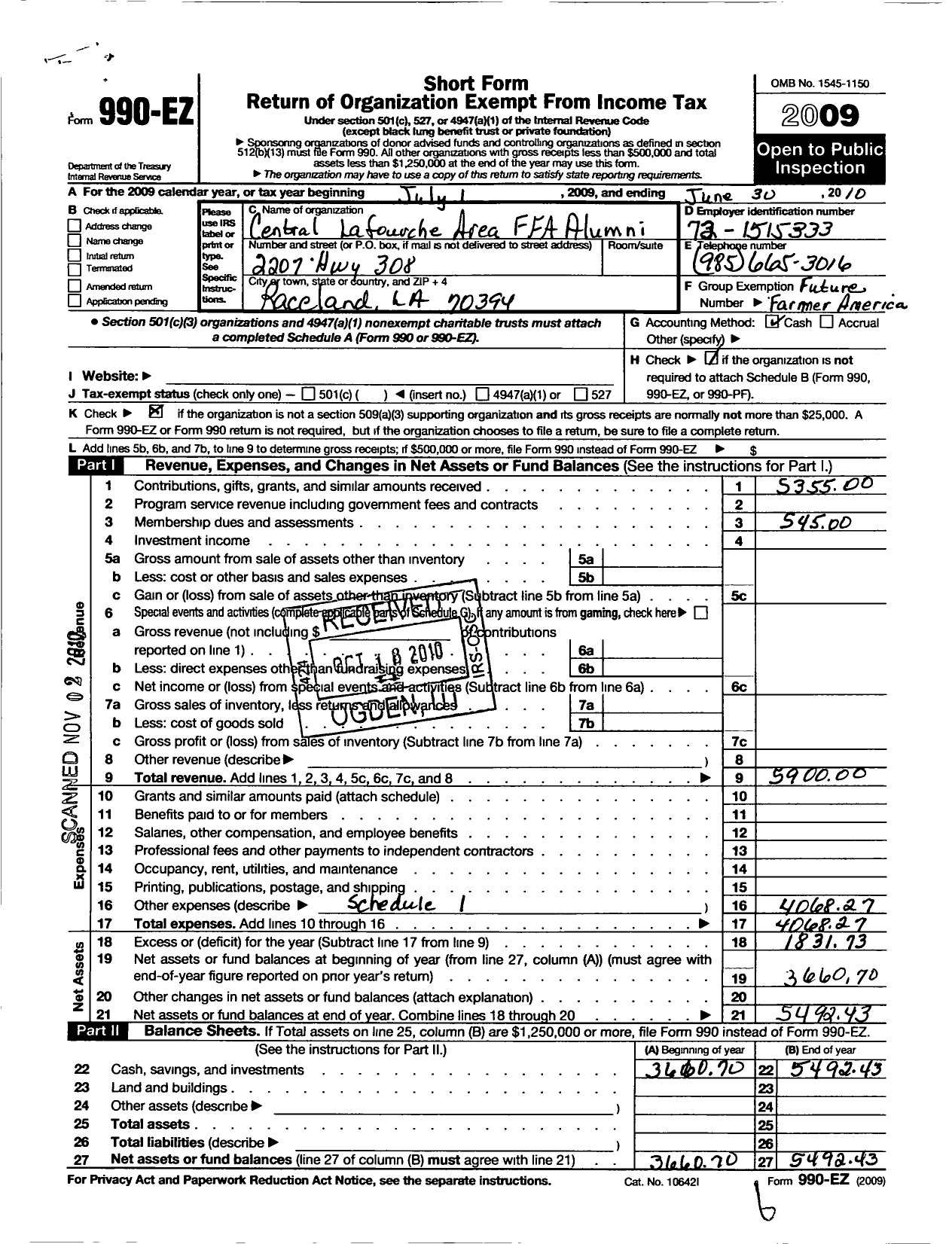 Image of first page of 2009 Form 990EO for Future Farmers of America - Central Lafourche Area Ffa Alumni A