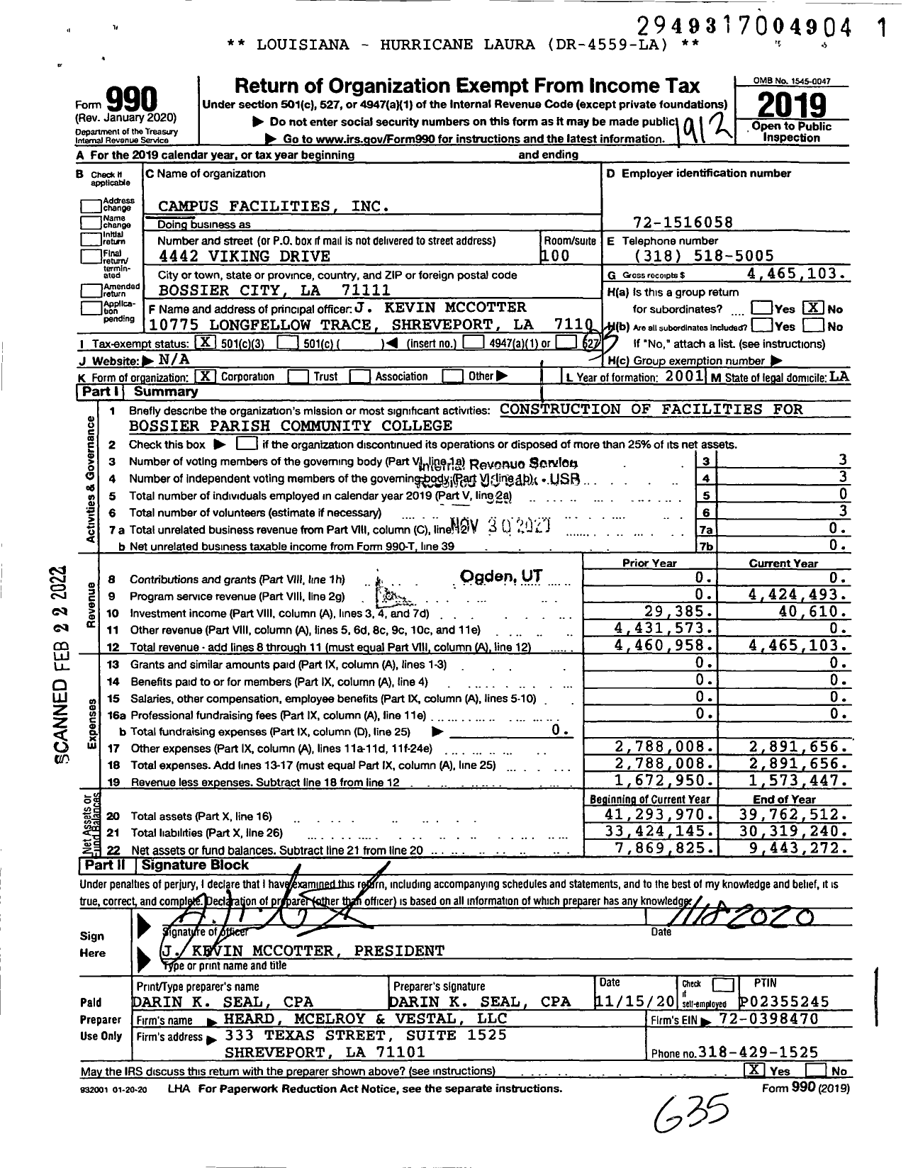 Image of first page of 2019 Form 990 for Campus Facilities