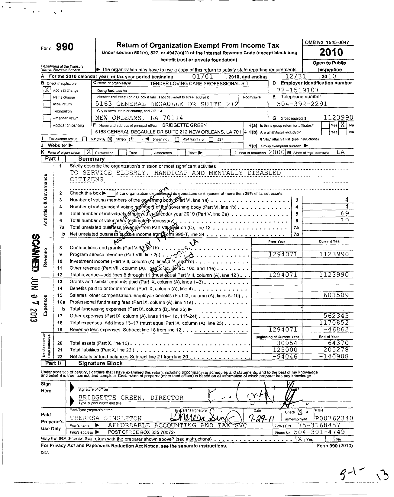 Image of first page of 2010 Form 990O for Tender Loving Care Adult Professional Sitting Servic