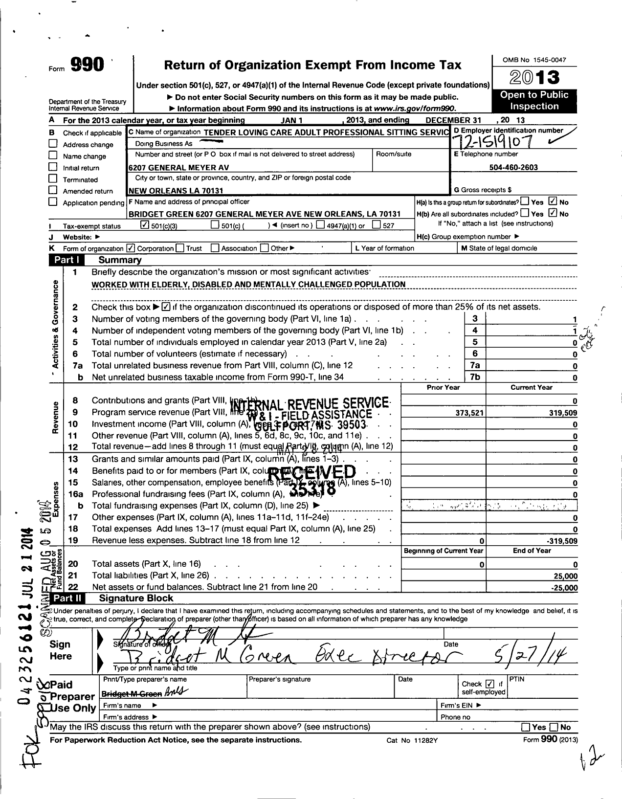 Image of first page of 2013 Form 990 for Tender Loving Care Adult Professional Sitting Servic