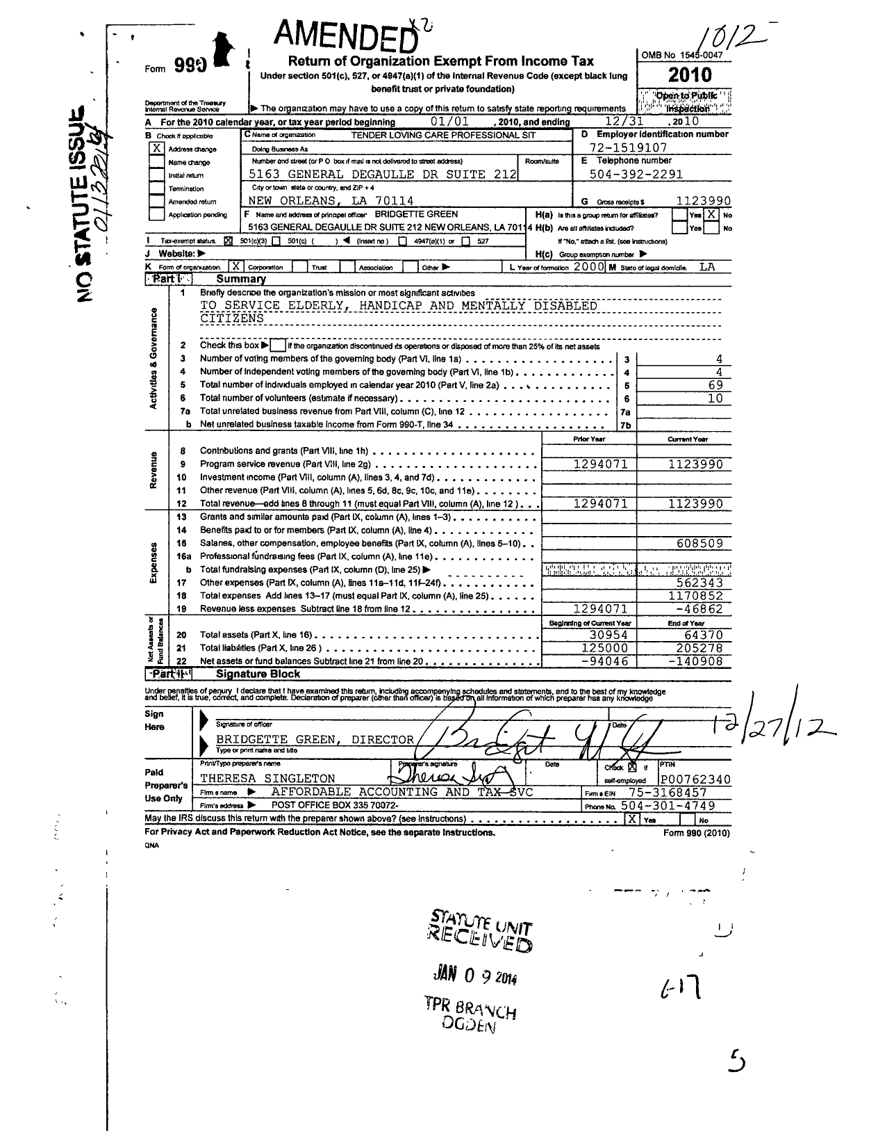 Image of first page of 2010 Form 990 for Tender Loving Care Adult Professional Sitting Servic