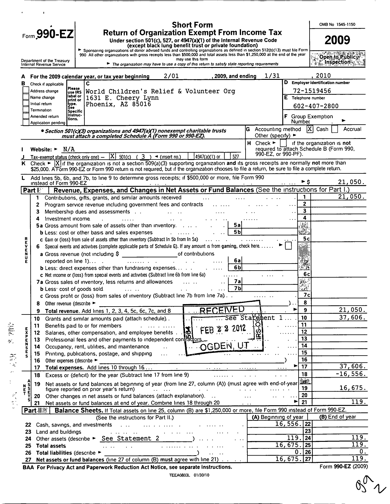 Image of first page of 2009 Form 990EZ for World Children's Relief and Volunteer