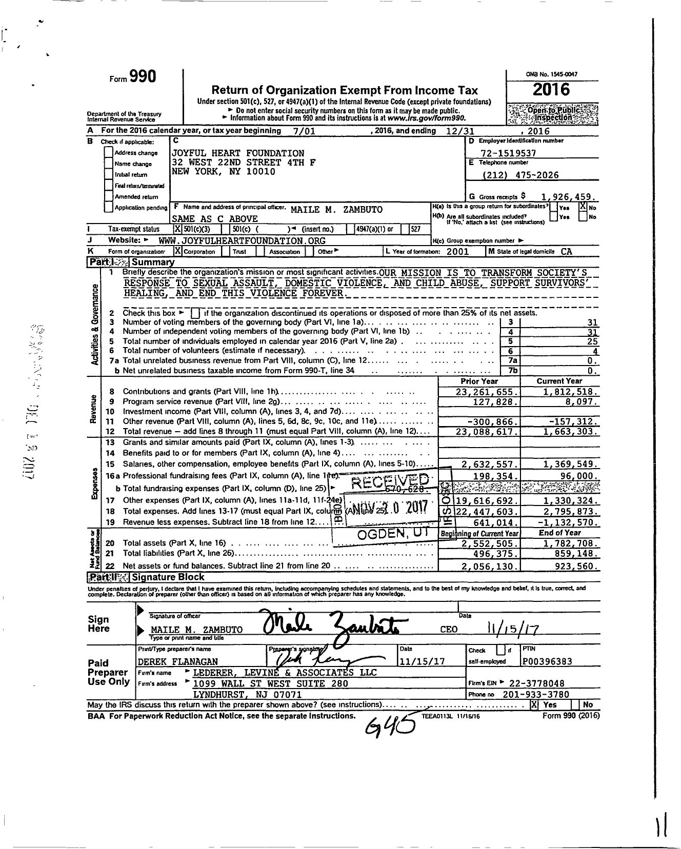 Image of first page of 2016 Form 990 for Joyful Heart Foundation (JHF)