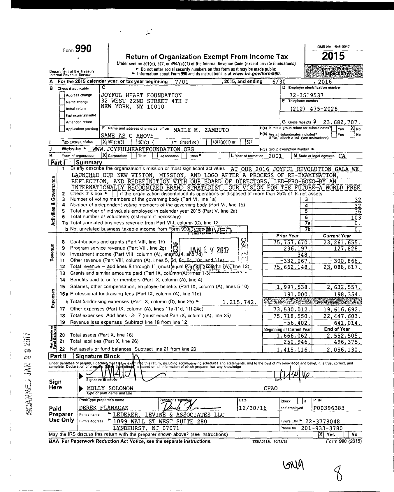 Image of first page of 2015 Form 990 for Joyful Heart Foundation (JHF)