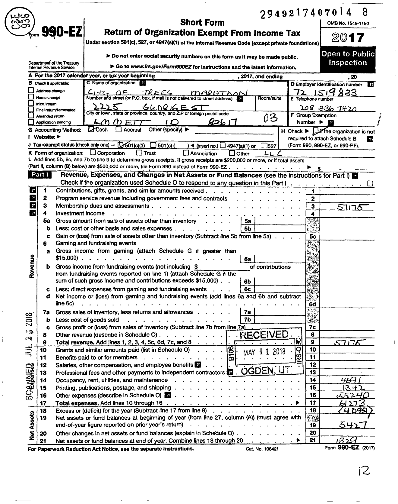 Image of first page of 2017 Form 990EZ for City of Trees Marathon