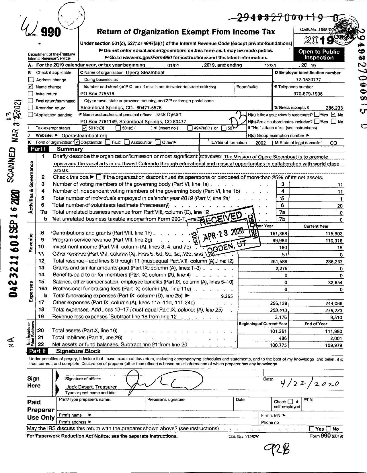 Image of first page of 2019 Form 990 for Opera Steamboat