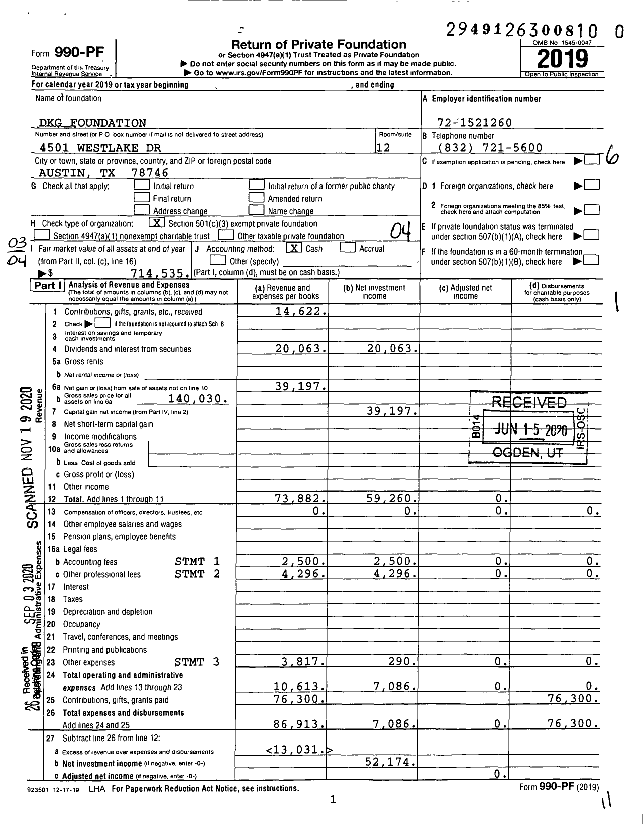 Image of first page of 2019 Form 990PF for DKG Foundation