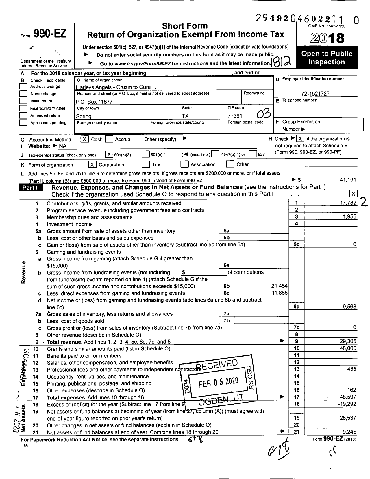 Image of first page of 2018 Form 990EZ for Harleys Angels - Cruzin to Cure