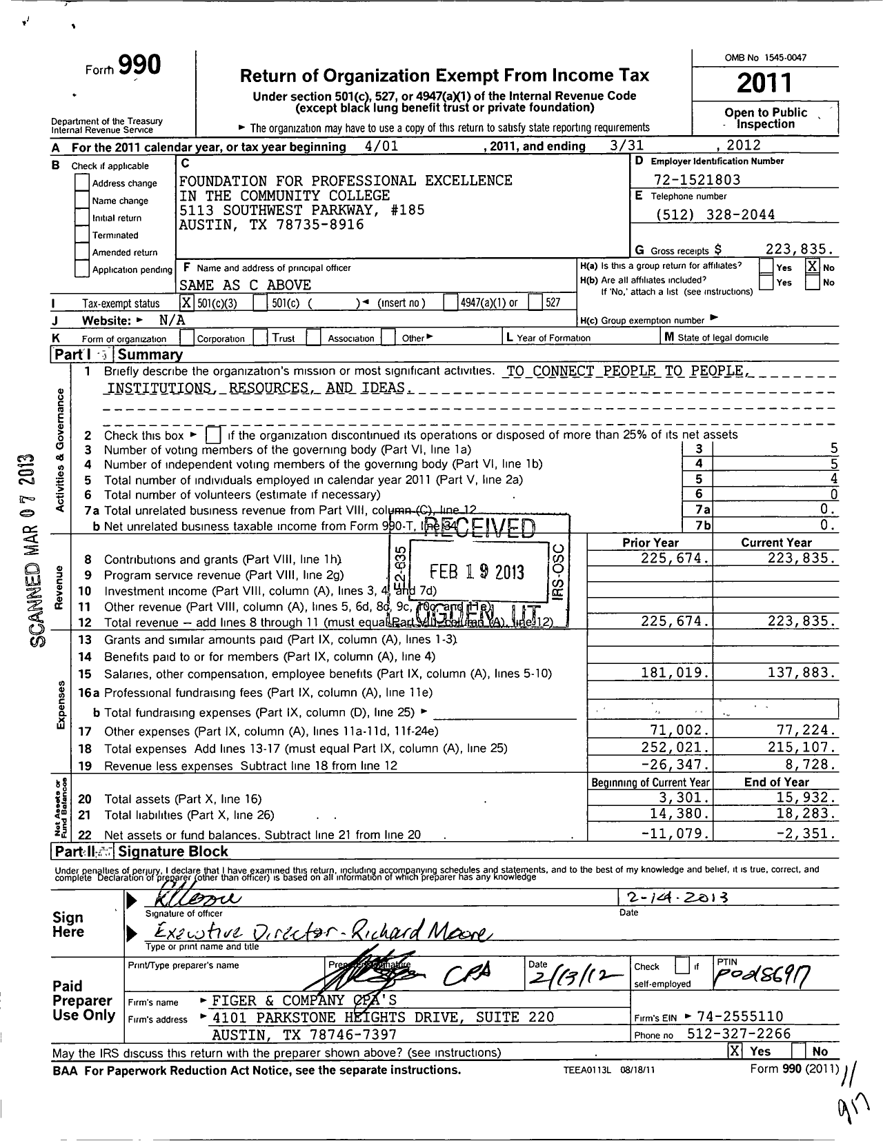 Image of first page of 2011 Form 990 for Foundation for Professional Excellence in the Community College