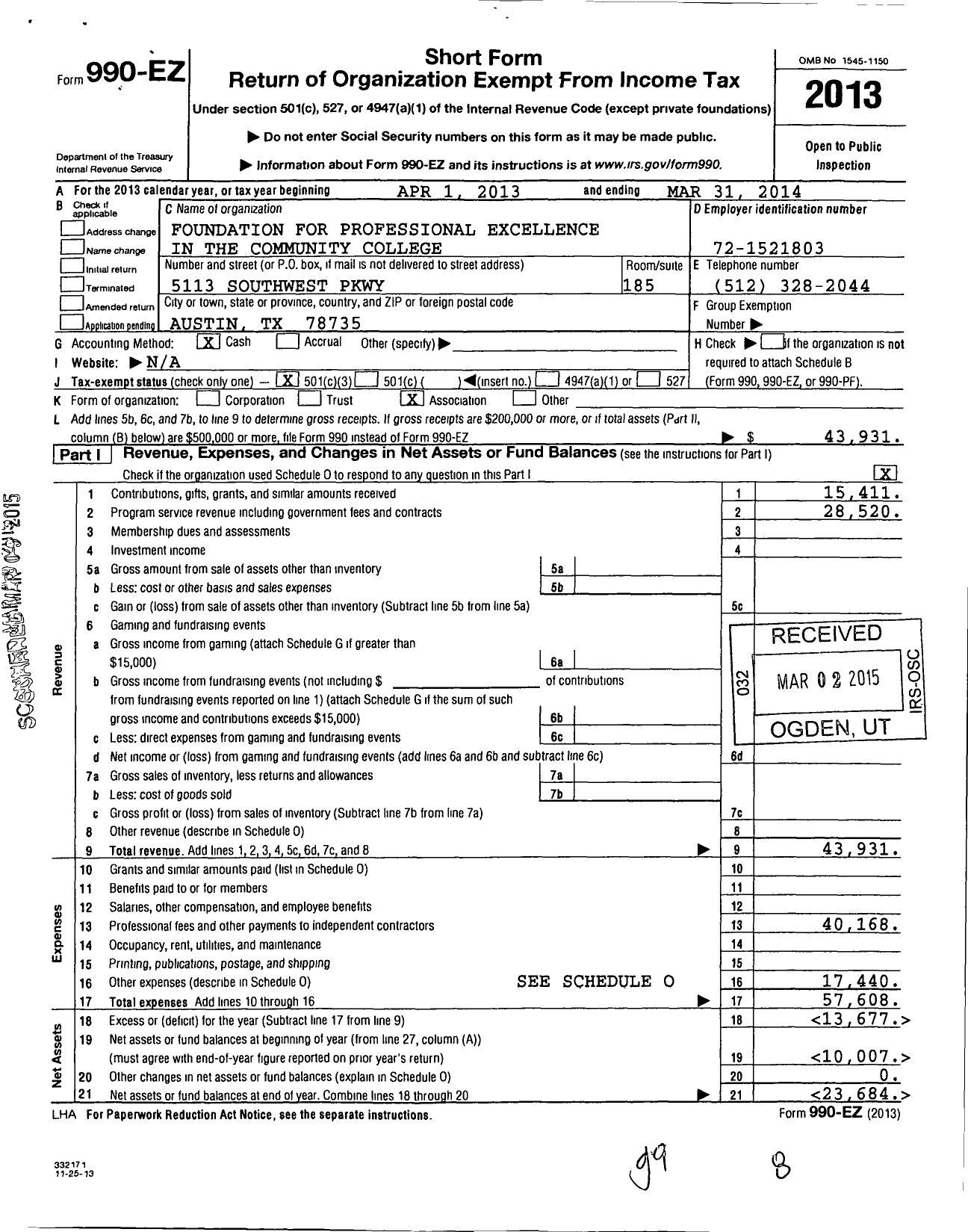 Image of first page of 2013 Form 990EZ for Foundation for Professional Excellence in the Community College