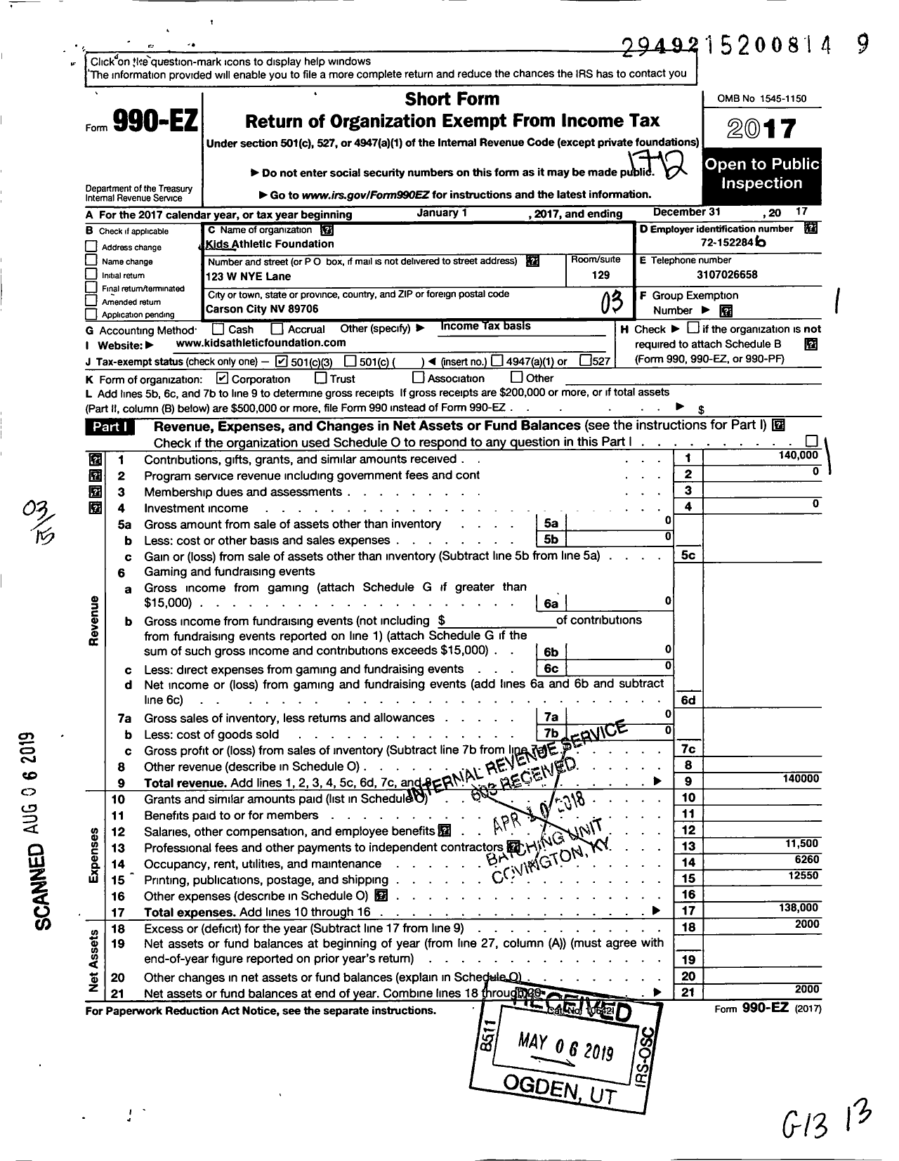 Image of first page of 2017 Form 990EZ for Kids Athletic Foundation