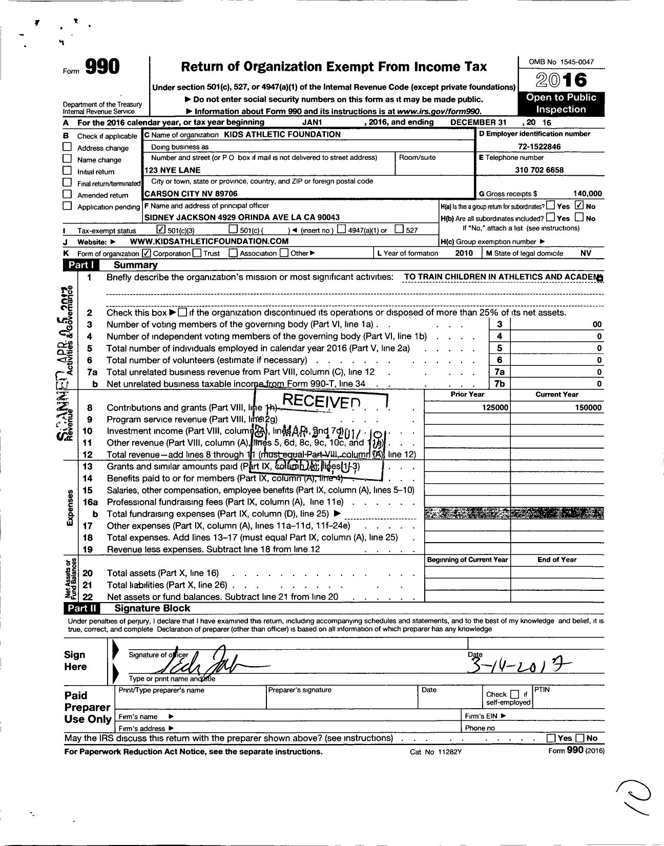 Image of first page of 2016 Form 990 for Kids Athletic Foundation