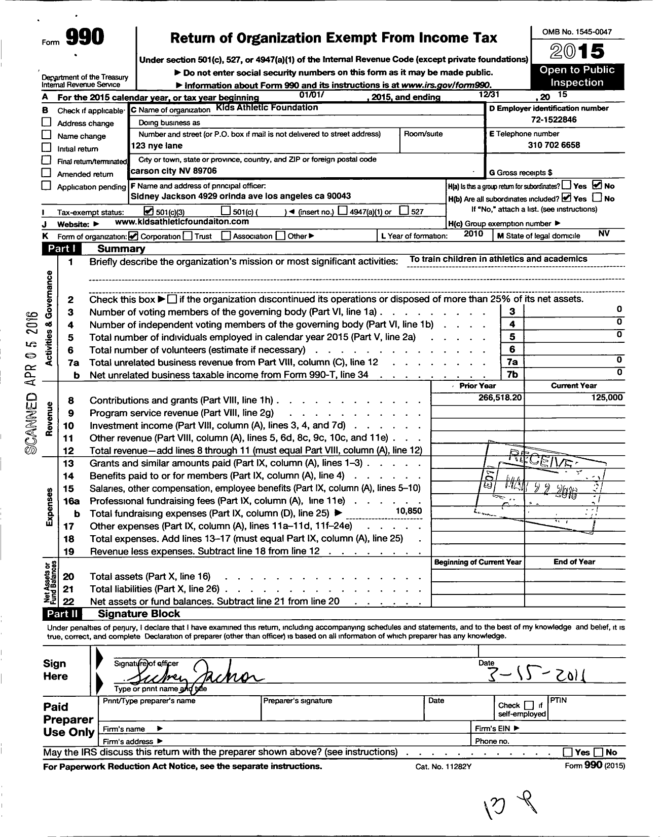 Image of first page of 2015 Form 990 for Kids Athletic Foundation