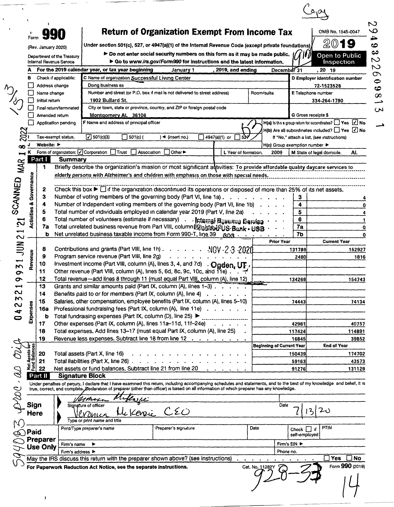 Image of first page of 2019 Form 990 for Successful Living Center