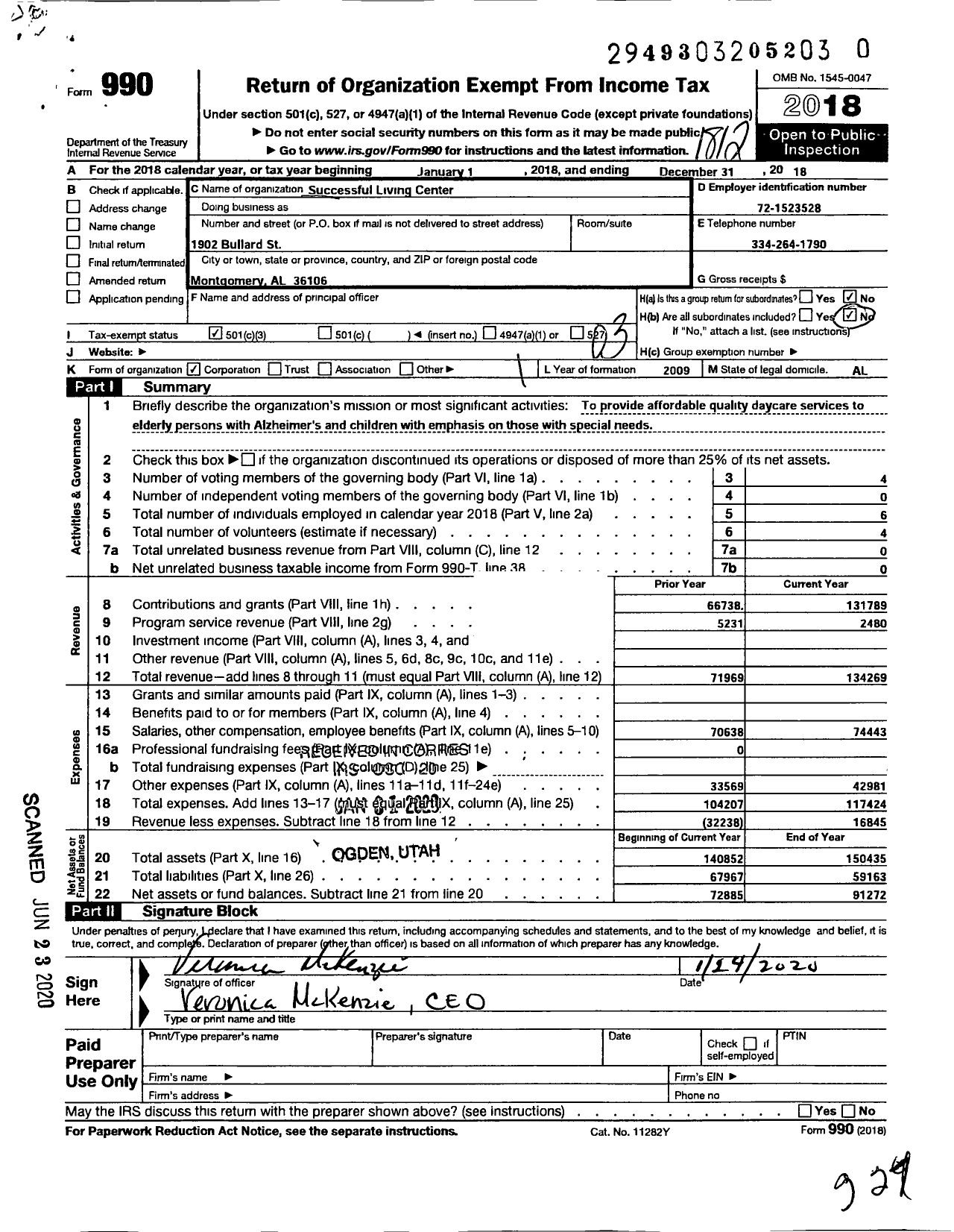 Image of first page of 2018 Form 990 for Successful Living Center