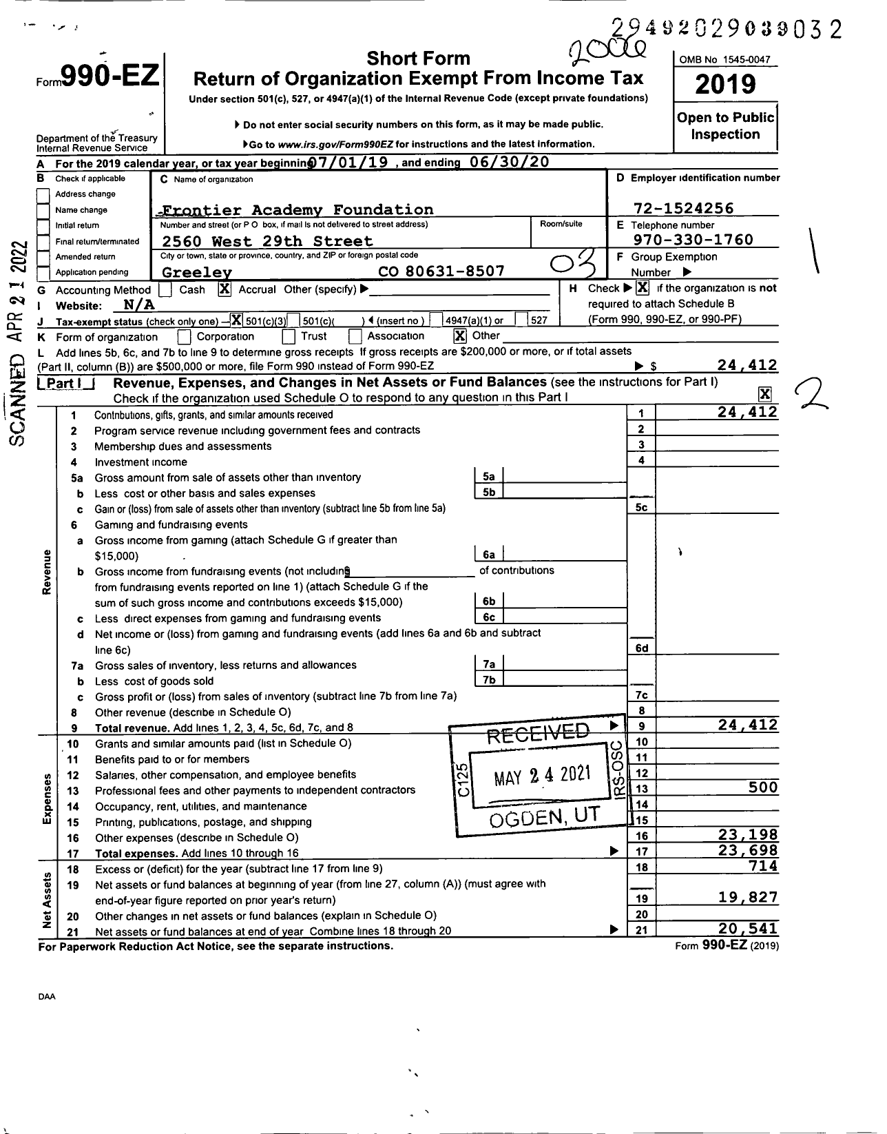 Image of first page of 2019 Form 990EZ for Frontier Academy Foundation
