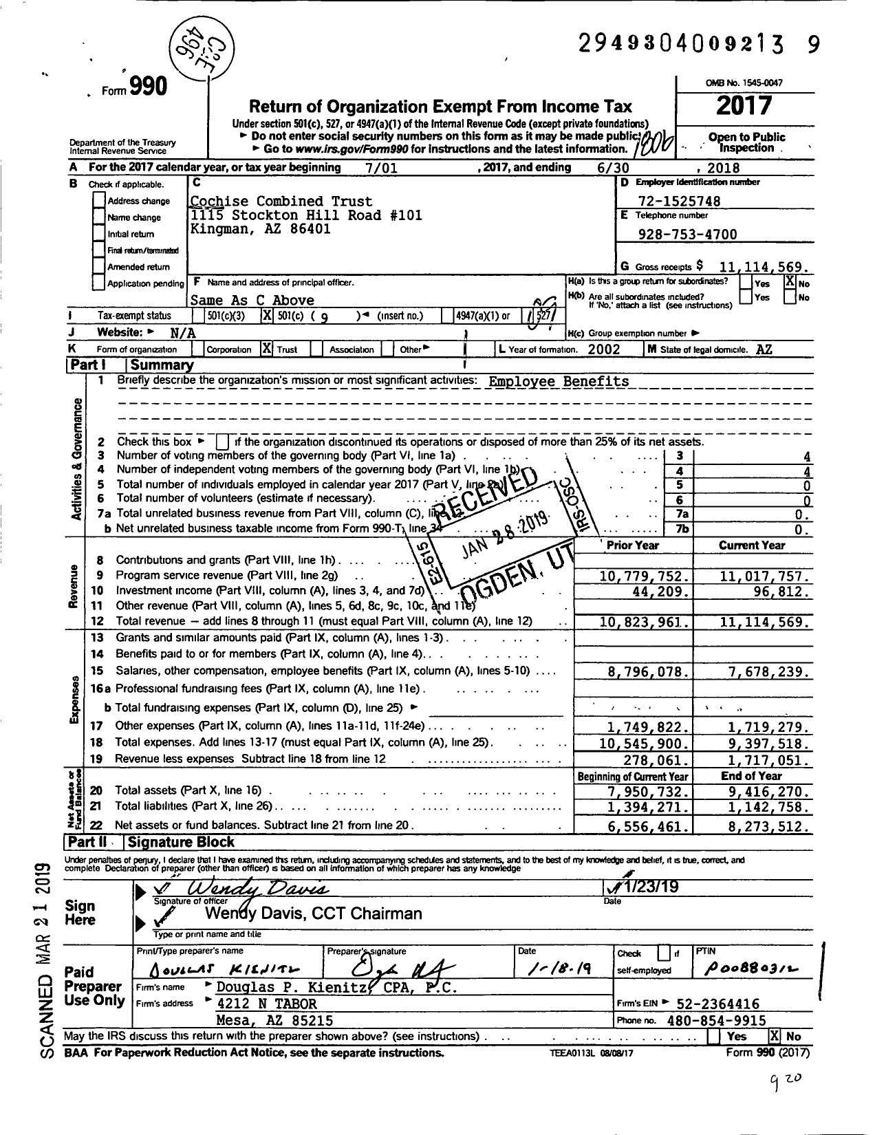 Image of first page of 2017 Form 990O for Cochise Combined Trust