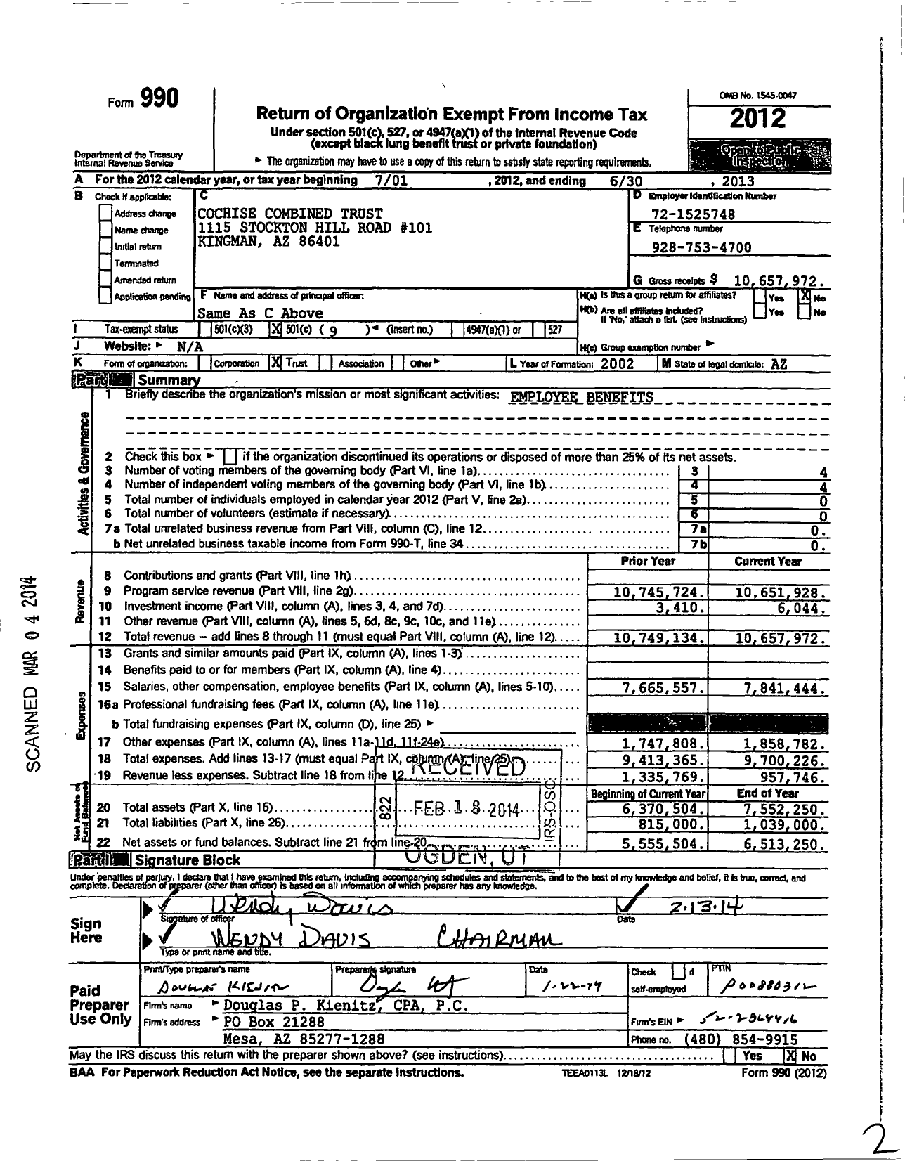 Image of first page of 2012 Form 990O for Cochise Combined Trust
