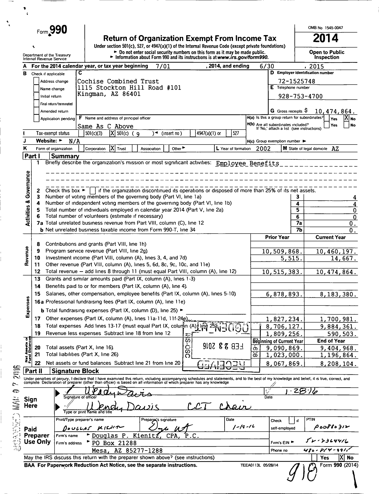 Image of first page of 2014 Form 990O for Cochise Combined Trust