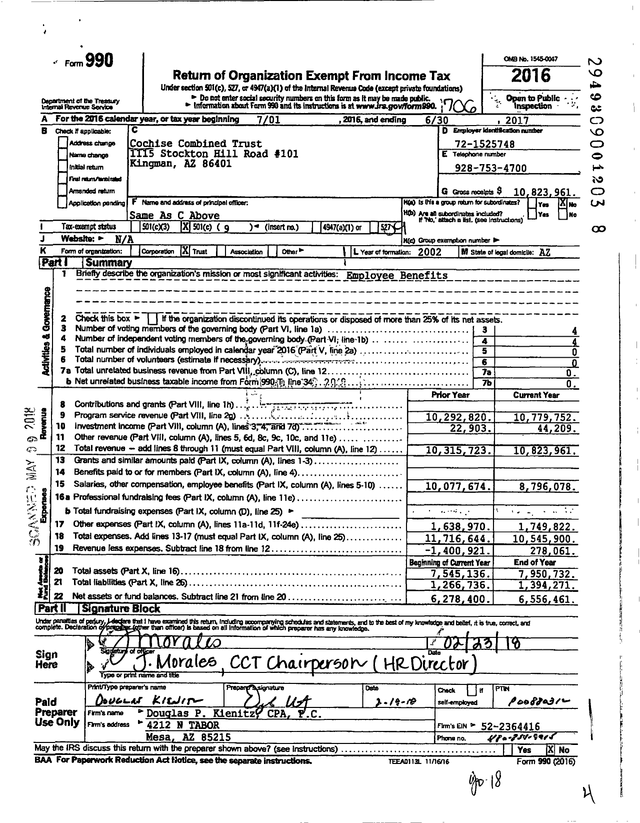 Image of first page of 2016 Form 990O for Cochise Combined Trust