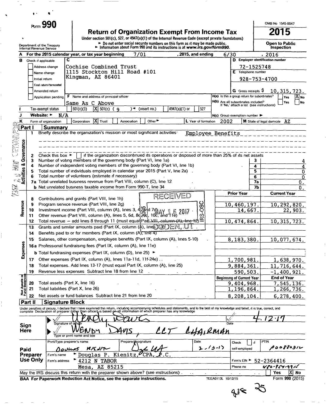 Image of first page of 2015 Form 990O for Cochise Combined Trust