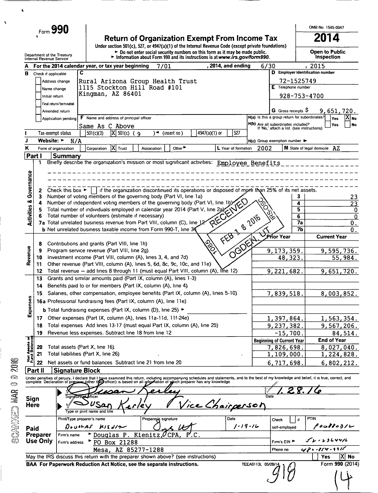 Image of first page of 2014 Form 990O for Rural Arizona Group Health Trust