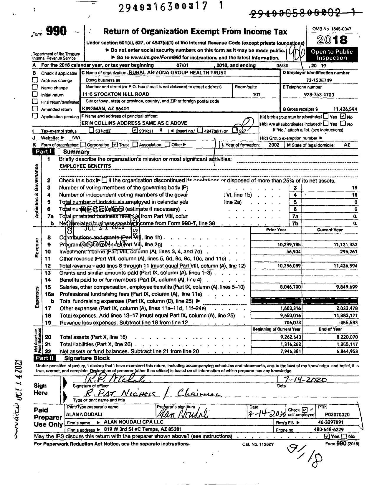 Image of first page of 2018 Form 990O for Rural Arizona Group Health Trust